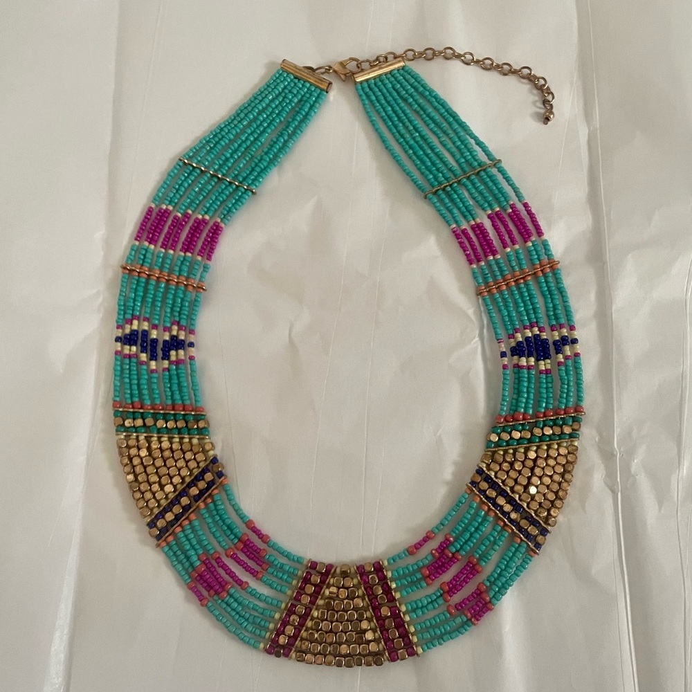 Colorful Seed Bead Necklace Magenta Turquoise Gold Blue Orange Tribal Style - Picture 5 of 5
